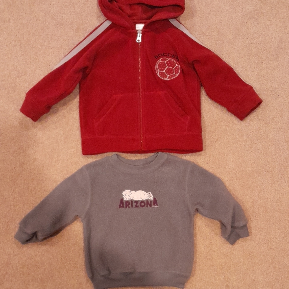 Arizona grey soft fleece 18mos and Old Navy Toddler 2T burgundy soccer hoodie